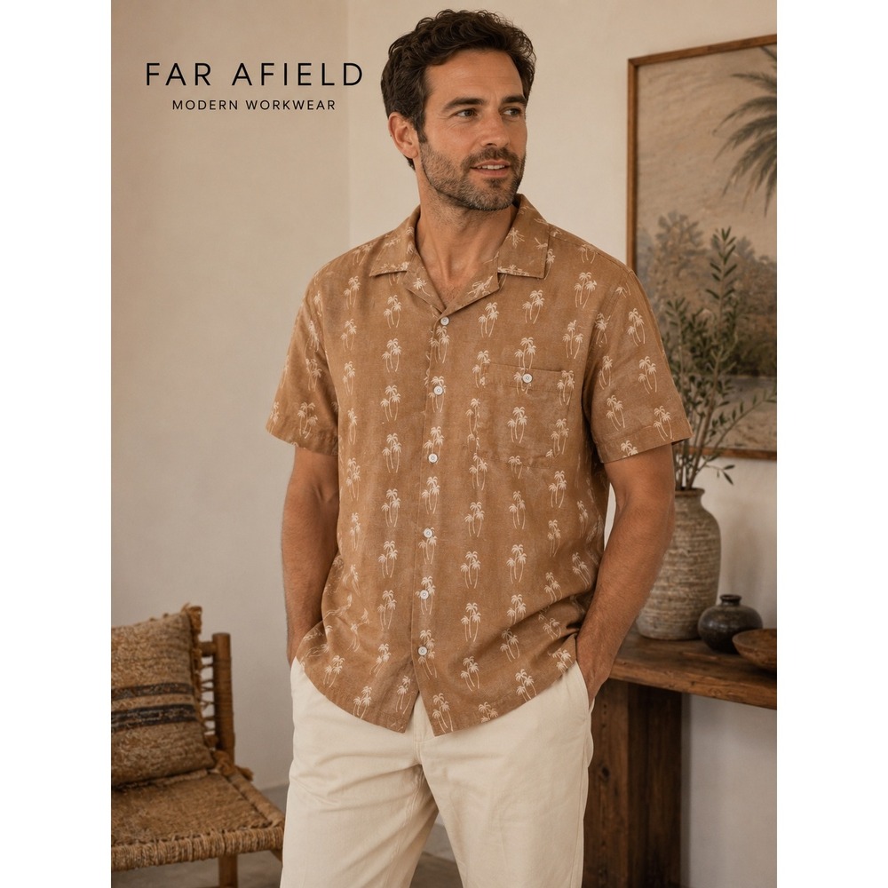 Far Afield Mens Palm Tree Print Cotton Linen Camp Collar Shirt Brown Size 3 L